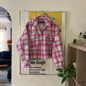 Zara oversized cropped pink plaid jacket size medium